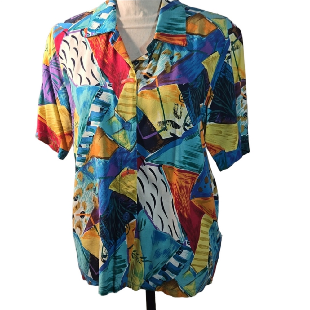 Vintage Nino Wong HAWAIIAN Colorful Abstract Women's Top